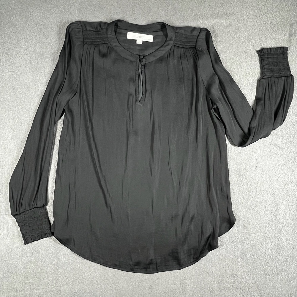 LOFT Petites Black Satin Pintuck Blouse Size XSP Draped Long Sleeve Office Top